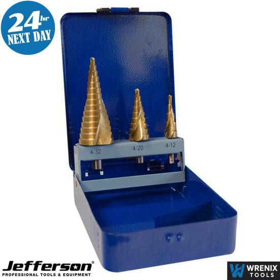 3pc HSS Step Drill Bit Set Titanium Cone Bits for Metal Drilling - JEFSTPSHSS03